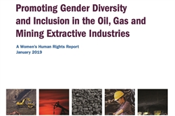[ai] Cover page of a report titled "Promoting Gender Diversity and Inclusion in the Oil, Gas and Mining Extractive Industries." It includes images of construction machinery and a woman wearing a hard hat. The report is dated January 2019.